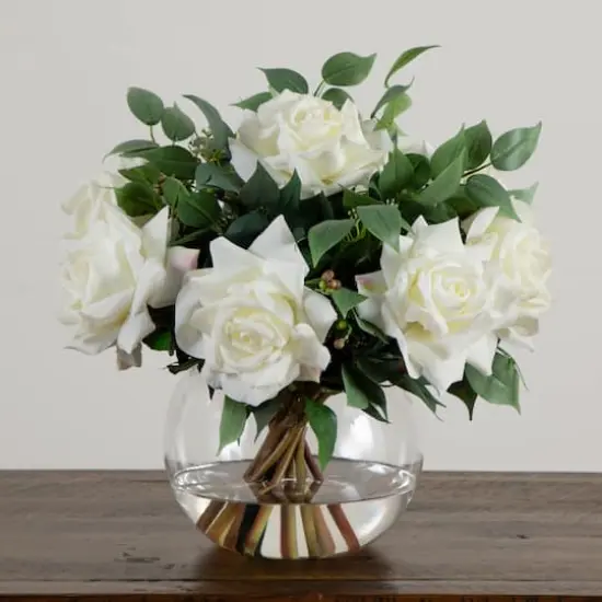 Wedding Collection 16in. Artificial Roses and Mixed Greens Arrangement in Glass Vase {5}