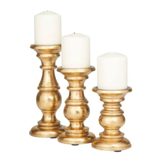Mango Wood Traditional Candle Holder Set Gold {8}