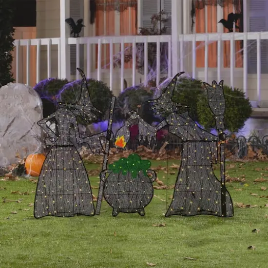 Glitzhome&reg; Set of 3 Lighted Halloween 2.5D Witches with Cauldron Outdoor Decor {4}
