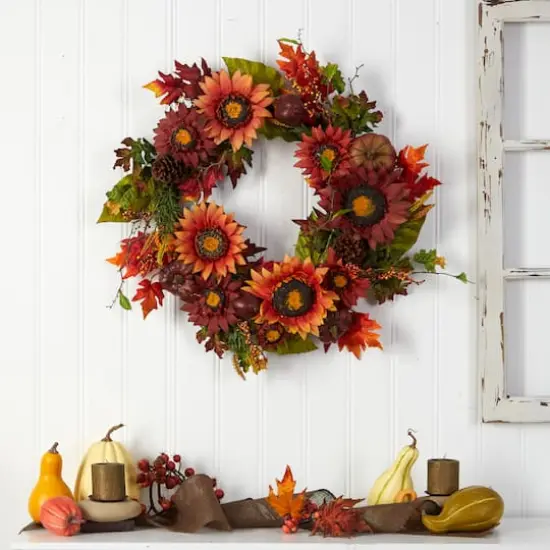 24" Sunflower, Pumpkin, Pinecone & Berries Fall Artificial Wreath {5}