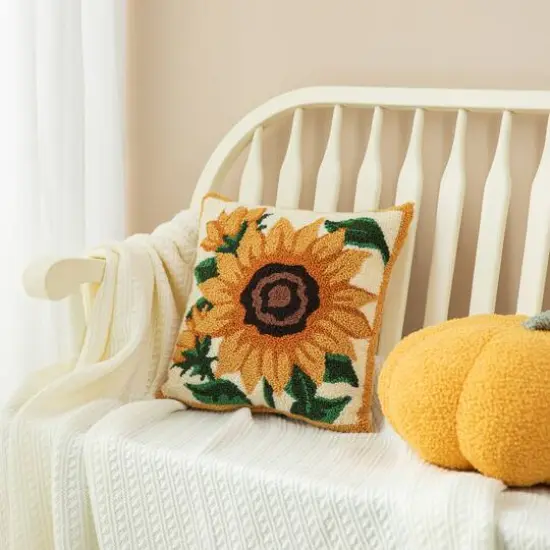 Glitzhome&reg; 14" Fall Hooked Sunflower Pillow {3}