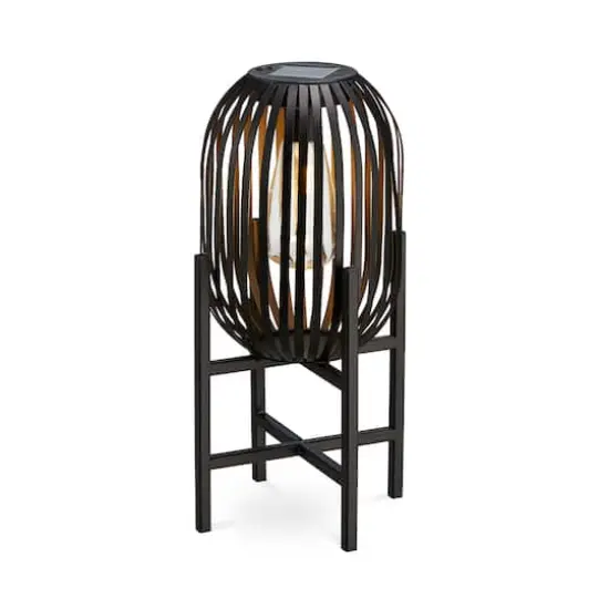 Glitzhome® 14.25" Black Slim Metal Stripes Solar Powered Edison Bulb Outdoor Lantern {1}