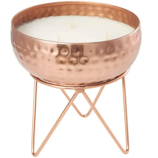White Wax Vanilla Marshmallow Scented Candle with Hammered Copper Container and Tripod Stand {1}