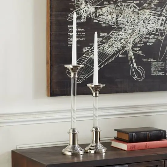 Set of 2 Silver Aluminum Glam Candle Holder, 12", 16" {9}