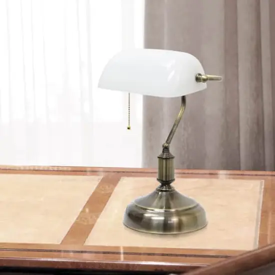 Simple Designs 15" Executive Banker's Desk Lamp with Glass Shade White/Antique Nickel {5}