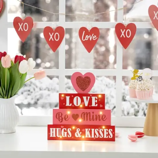 Glitzhome&reg; 11.25"Lighted Valentine's Wooden Block Table Sign {3}