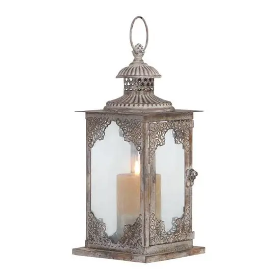 13" Gray Iron Vintage Candle Holder Lantern {1}