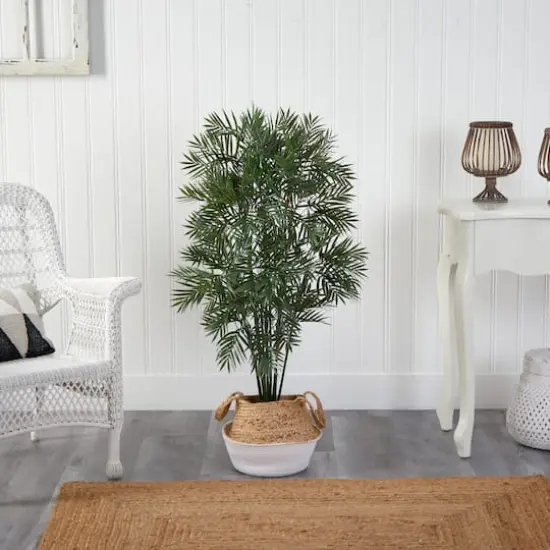 4ft. Parlor Palm Artificial Tree in Boho Chic Handmade Cotton & Jute White Woven Planter {4}