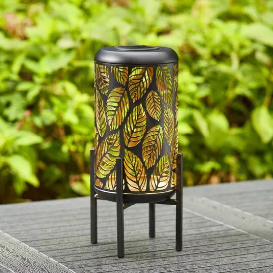 Glitzhome&reg; 14.25" Black Metal Cutout Leaves Pattern Solar Powered LED Outdoor Lantern {4}