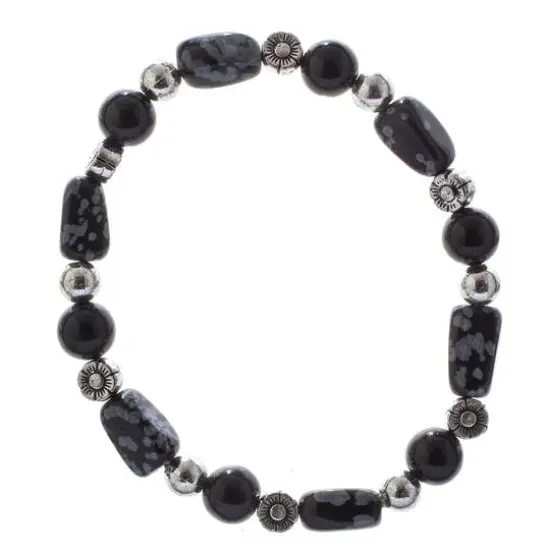 John Bead Snow Flake Gray & Obsidian Natural Stone Bracelet {5}