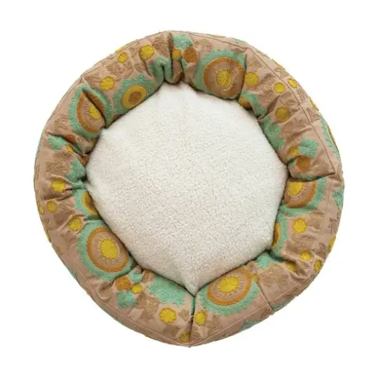 Hello Honey&reg; 24" Taupe, Green & Mint Round Floral Cotton & Sherpa Pet Bed {10}