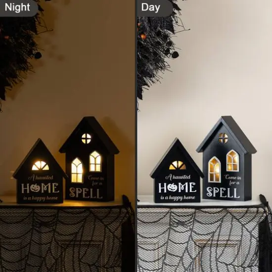 Glitzhome&reg; 8"H Lighted Halloween Wooden House-shaped Table Decor Set {6}
