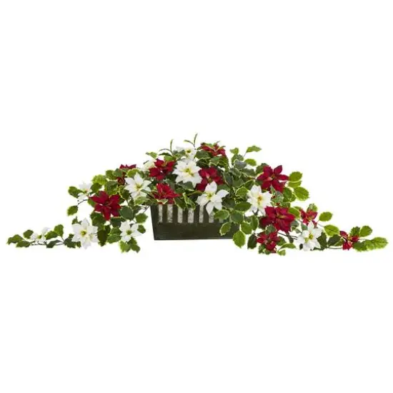 39&rdquo; Poinsettia & Variegated Holly Artificial Plant in Decorative Planter {1}