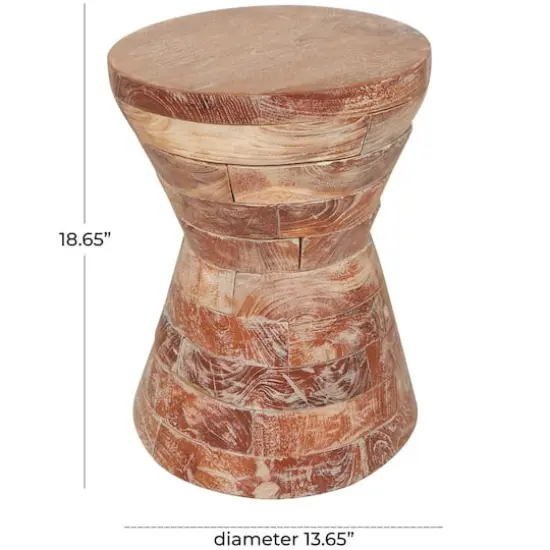 18.5" Brown Teak Wood Handmade Hourglass Accent Table with Stacked Wood Pieces {10}