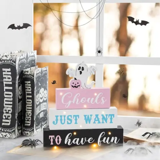 Glitzhome® 11.75"H Halloween Lighted Pink Wooden Ghost Block Word Sign {3}