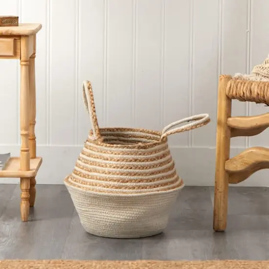 14'' Cream & Natural Cotton & Jute Boho Chic Belly Basket Planter {3}