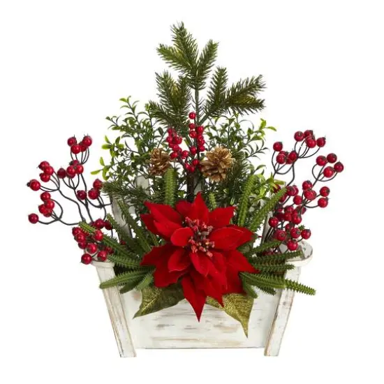 18'' Poinsettia, Succulent & Berry in Bench Planter {1}