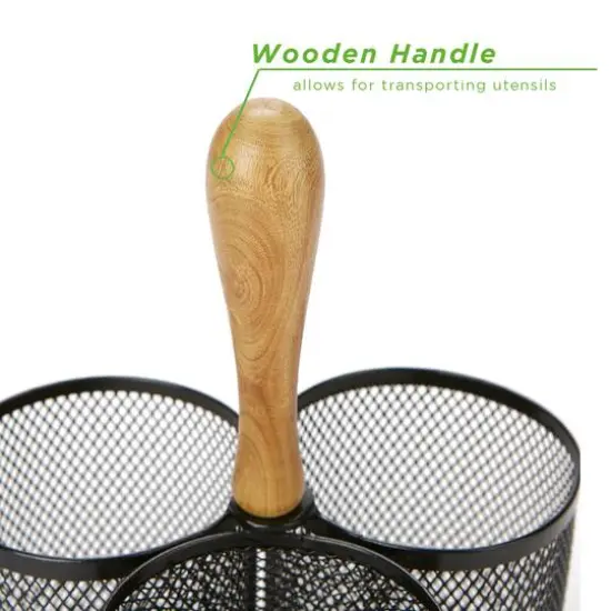 Mind Reader Network Collection Black 3-Compartment Utensil Caddy with Wooden Handle {8}