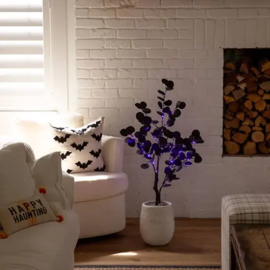 3ft. Pre-Lit Artificial Halloween Black Eucalyptus Tree with 80 Orange & Purple LED Lights {11}