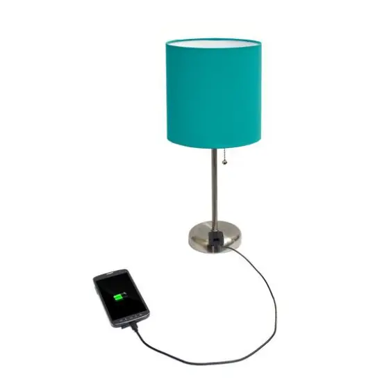 LimeLights 19.5" Stick Lamp with Charging Outlet and Fabric Shade Brushed Steel and Teal {6}