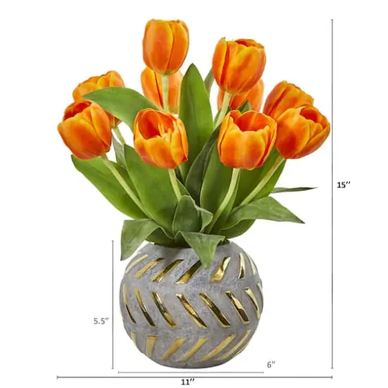 15" Orange Tulip Arrangement in Decorative Ceramic Vase {3}