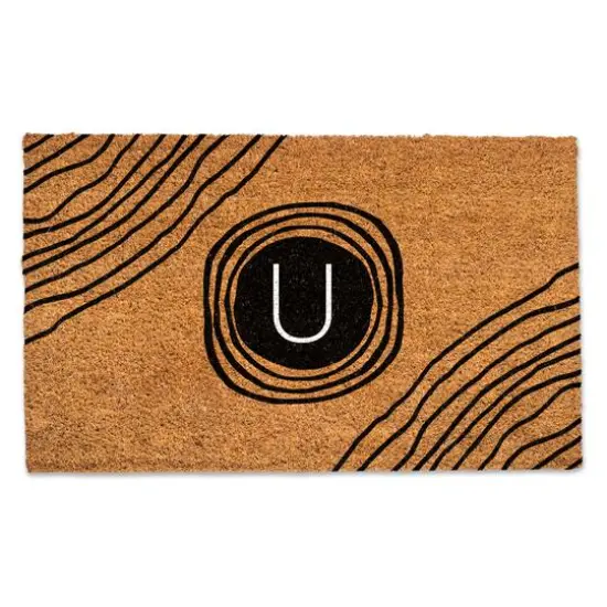 Black Monogram Circle Natural Coir Doormat U {1}