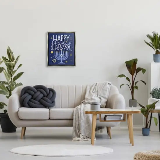 Stupell Industries Happy Hanukkah Blue Menorah Pattern Framed Floater Canvas Wall Art Gray {3}