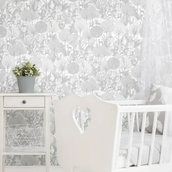 Roommates Forest Friends Peel & Stick Wallpaper Gray/White {5}