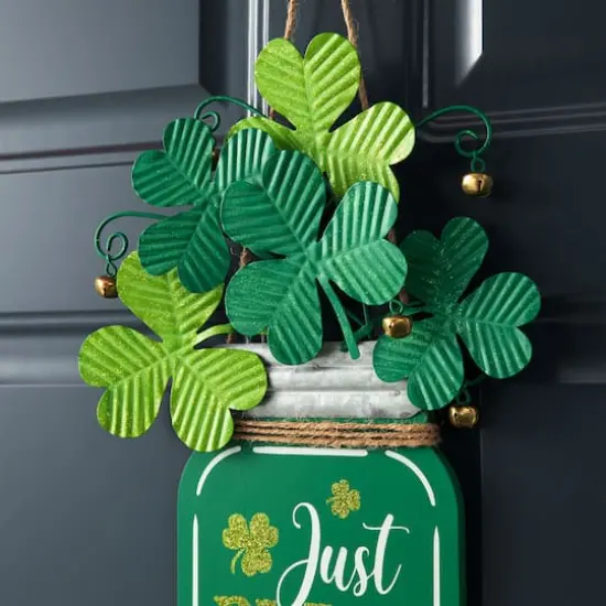 Glitzhome&reg; 16" St. Patrick's Wooden Mason Jar with Shamrock Door Hanger {5}