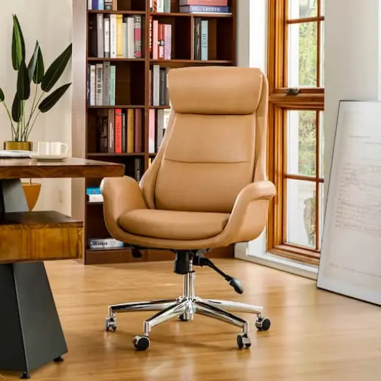 Glitzhome&reg; Mid-Century Modern Faux Leather Adjustable High Back Swivel Office Chair Camel {3}