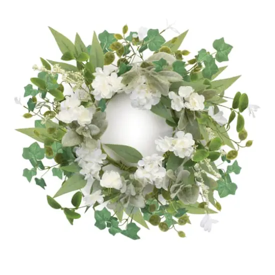 17.5" White Mixed Floral & Foliage Candle Ring {4}