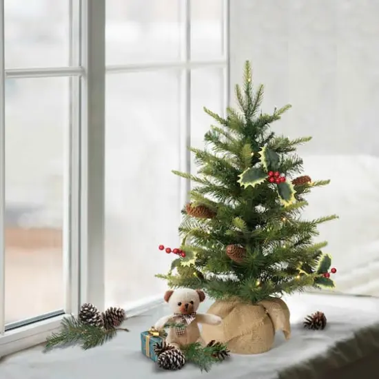 2ft. Pre-Lit Artificial Christmas Tree with Pine Cones in Burlap Sack, Warm White LED Lights {4}