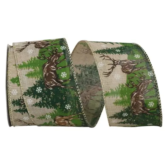 Reliant 2.5" x 10yd. Deer Forest Scene Linen Wired Ribbon {1}