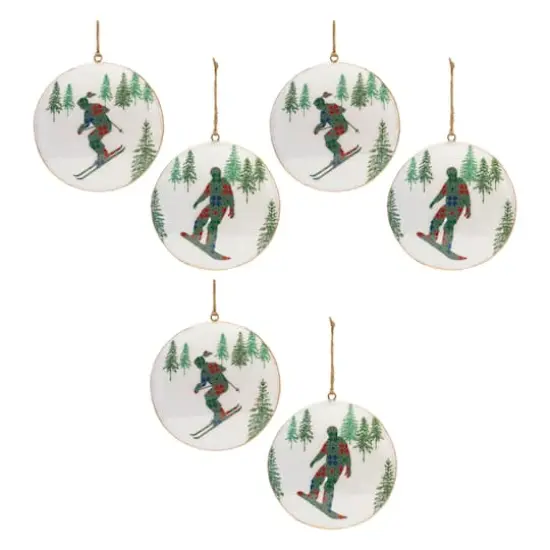 6" Ski & Snowboard Forest Metal Disc Ornaments Set {1}
