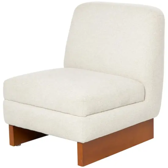 White Boucle Accent Chair with Brown Wooden Legs {1}