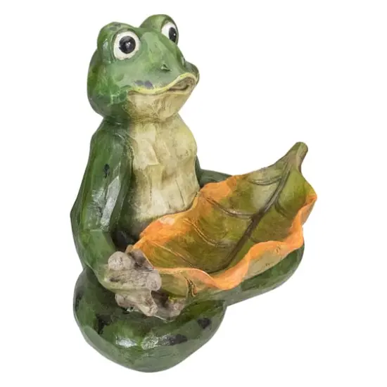 14" Green Frog With Leaf Birdfeeder Outdoor Garden Statue {4}