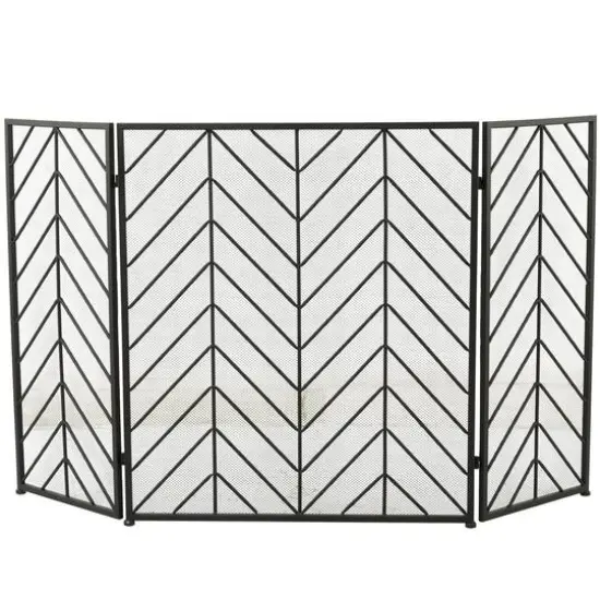 Black Metal Foldable Mesh Netting 3 Panel Geometric Fireplace Screen with Chevron Pattern 52" x 1" x 31" {1}