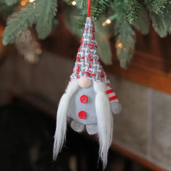 6" Gray & Red Plaid Santa's Helper Gnome Hat Knit Ornament {3}