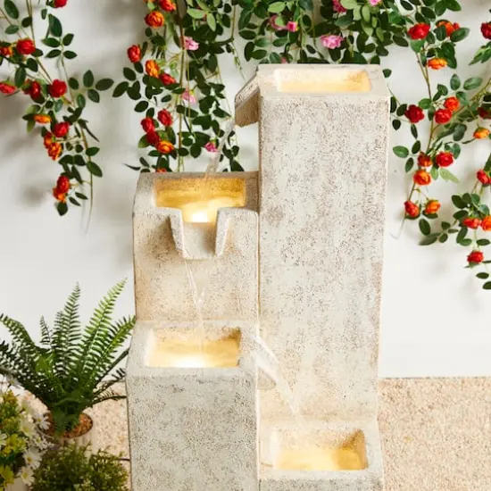 Glitzhome&reg; 34" 4-Tier Faux Terrazzo Geometric Square Column Outdoor Fountain with LED Light {5}