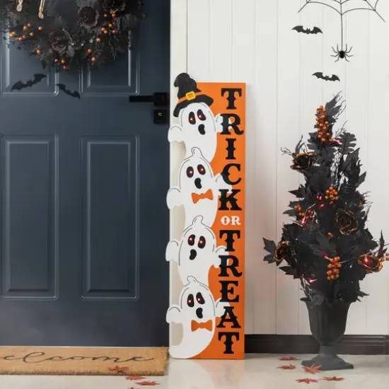 Glitzhome&reg; 42"H Lighted Halloween Wooden Stacked Ghost Porch Sign with Timer {3}