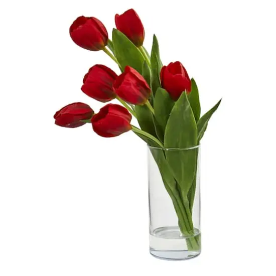 16'' Red Tulip Arrangement in Cylinder Vase {1}