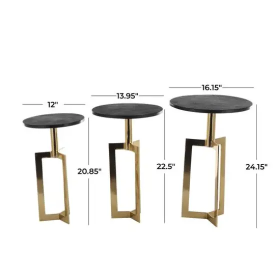 Gold Aluminum Geometric Accent Table with Black Marble Tabletop Set {8}