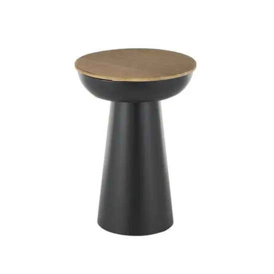 21" Black Metal Pedestal Accent Table with Brown Wood Tabletop {9}