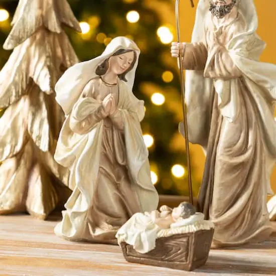 Glitzhome&reg; 5-Piece Gold Resin Holy Family with Christmas Trees Set {6}