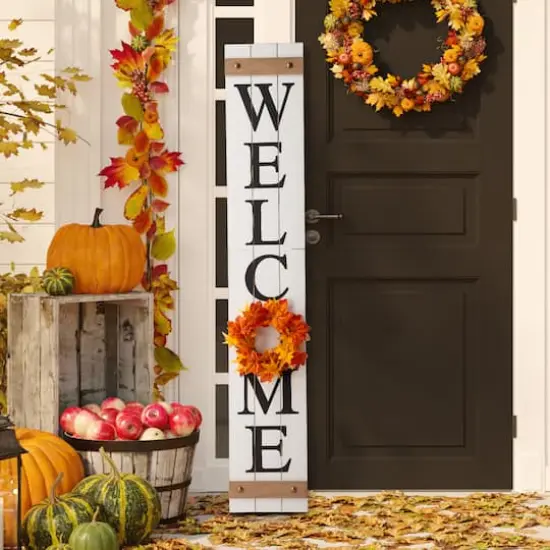 Glitzhome® 5ft. White Welcome Wood Porch Sign with 4 Changeable Wreaths {4}