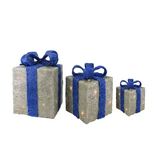 Pre-lit Silver with Blue Bows Sisal Gift Boxes Christmas Yard Decorations, Set of 3 {3}