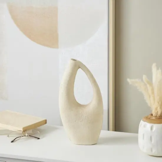 14" Cream Abstract Cutout Paper Mache Vase  {3}