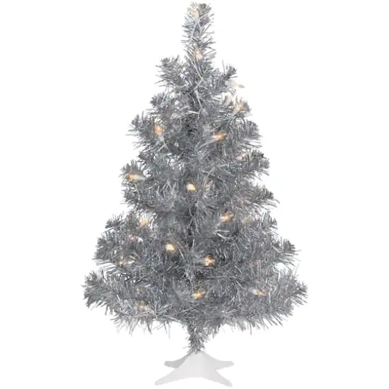 2ft. Pre-Lit Silver Iridescent Tinsel Artificial Christmas Tree, Clear Lights {1}