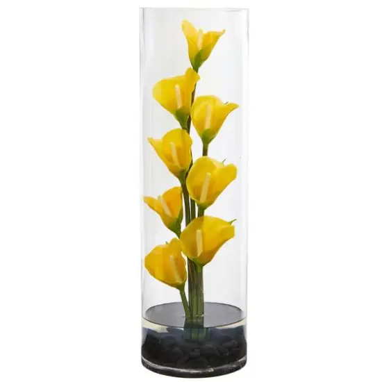 20" Calla Lily Arrangement in Cylinder Glass Vase Yellow {1}