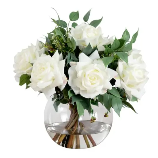 Wedding Collection 16in. Artificial Roses and Mixed Greens Arrangement in Glass Vase {1}